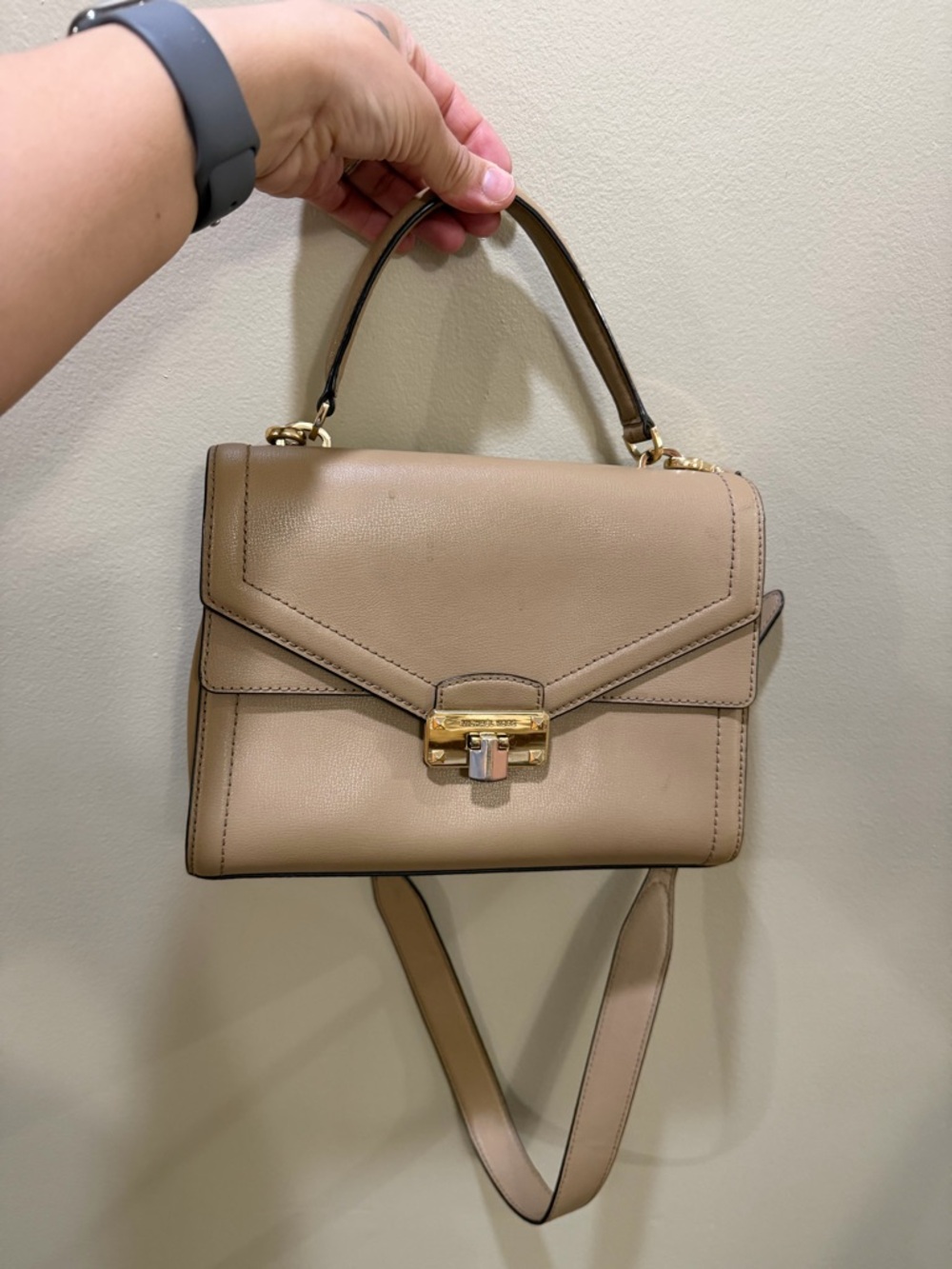 Michael Kors Beige Leather Top-Handle Crossbody with Gold Hardware